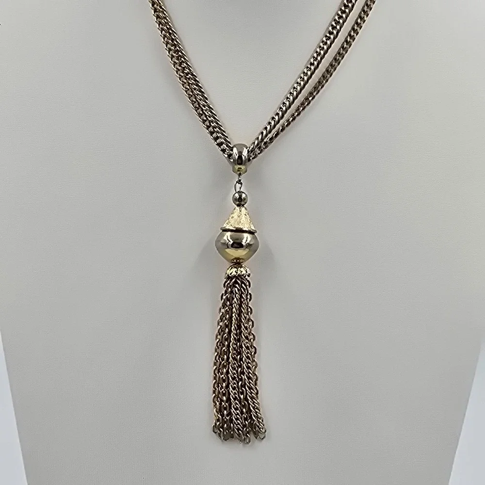 Vintage Tassel Double Chain Necklace Layered Two Tone 20